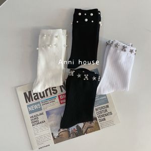 黑色袜子女中筒纯棉夏季薄款小众长筒珍珠堆堆韩国夏天白色设计感