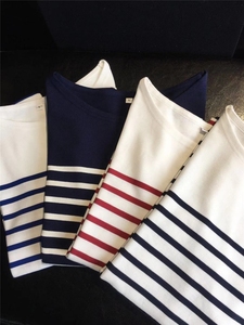 外贸尾单出口日本经典白搭万年款条纹针织全棉海军风长袖T恤女秋