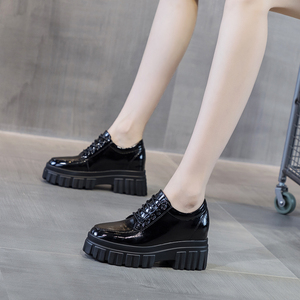 松糕鞋女厚底秋冬季加绒黑色单鞋二棉8公分内增高33码个子小皮鞋