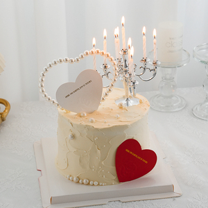 情人节蛋糕装饰珍珠爱心插件网红浮雕玫瑰花插牌情侣女神节日装扮