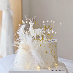 闪粉水晶麋鹿蛋糕装饰摆件网红森系小鹿圣诞节插件树叶珍珠皇冠