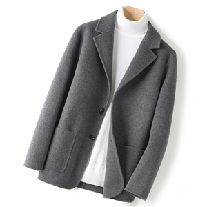 秋冬新款西装领纯羊毛呢子大衣男士羊绒100%双面呢短款休闲外套