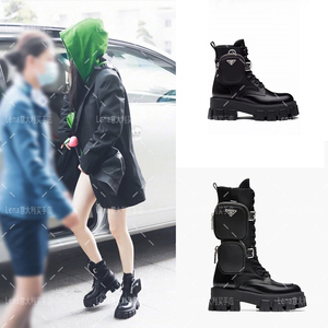 prada/普拉达杨幂同款马丁靴厚底口袋机车靴小包战术靴高筒女靴