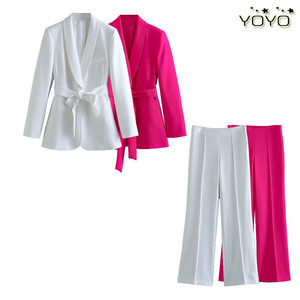 YOYO 欧美风外贸女装新款2023配腰带领西装外套长裤套装2310187