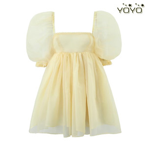 YOYO 欧美风外贸女装新款黄色欧根纱法式减龄三层泡芙连衣裙
