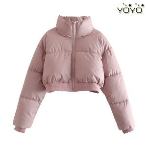 YOYO 欧美风外贸女装新款浅粉色时尚短款拉链式棉服夹克外套