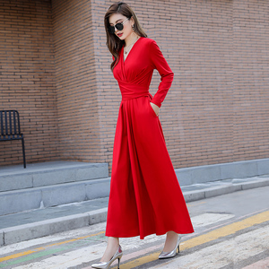 春秋季连衣裙新款2024年大红色女装结婚收腰显瘦到脚踝气质长裙子