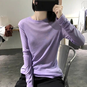 高级感紫色2024年早春秋冬季宽松韩版长袖T恤女内搭打底衫上衣服