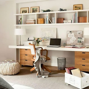 壁挂实木书桌挂墙学习桌居家办公桌双人写字台墙壁书架书桌组合