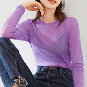 冰丝网纱打底衫女夏季薄款纯色长袖t恤网红内搭纱衣防晒透气上衣