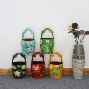 复古中式古典客厅装饰摆件原木手绘水桶装饰收纳插花摄影道具酒店