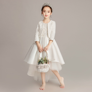 女童白色公主裙花童婚礼小女孩儿童生日晚礼服主持人钢琴演出服冬