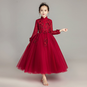 中国风女童公主裙红色晚礼服长袖儿童钢琴演出服花童婚纱裙小女孩