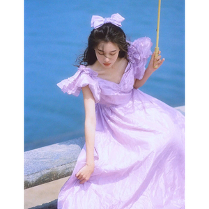 洛丽塔法式在逃公主古着vintage初恋裙夏2022新款紫色连衣裙温柔