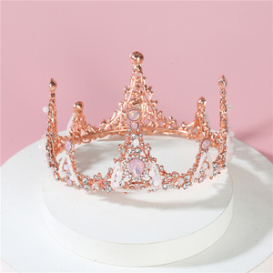 粉色皇冠头饰儿童生日公主女童王冠可爱圆形小女孩水晶礼服发饰仙