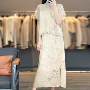 新中式国风印花旗袍套装裙女古典温婉风立领短袖上衣半身裙两件套