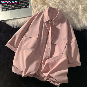 脏粉色短袖衬衫女夏季小个子上衣莫兰迪色系女装日系工装纯色衬衣