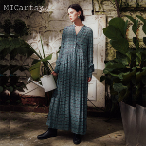 MICartsy王紫珊原创菱格印花大摆厌世丧系连衣裙不规则中长女裙子