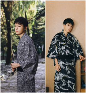 日本传统男士和服浴衣棉印花海浪浴袍家居服木屐角带火花大会