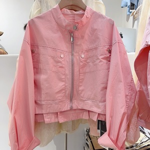 欧洲站新款女装 韩版洋气立领口袋设计短款小外套粉色潮款春秋季