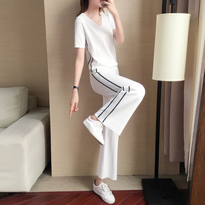 白色休闲运动套装女夏裤装2022新款夏季短袖宽松薄款阔腿裤两件套