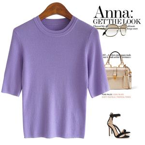 实穿好搭！颜色加分！紫色50%羊毛简洁百搭薄款圆领短袖毛衣上衣