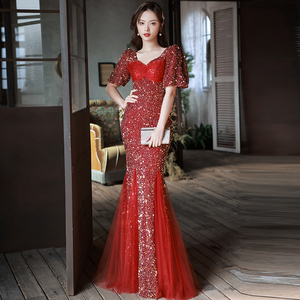 敬酒服新娘结婚高级感红色宴会气质订婚鱼尾亮片答谢宴礼服裙女夏