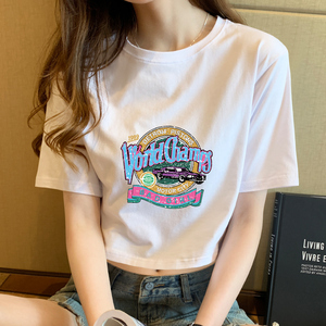 白色短袖t恤女装短款2022年新款高腰露脐宽松带图案网红ins潮上衣