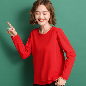春秋简约穿搭长袖t恤女装打底衫圆领红色2020年新款宽松内搭上衣