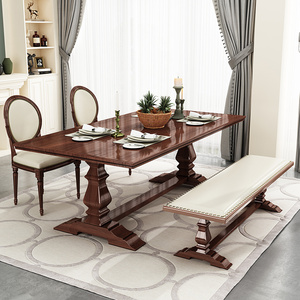 复古全实木餐桌轻奢美式餐台原木大板会客洽谈桌中古风长方形饭桌