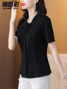 韩版女装2024新款夏装黑色衬衫女时尚洋气Polo领上衣收腰气质小衫