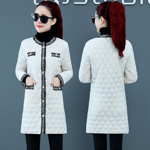 棉衣女中长款冬季韩版宽松棉服编织菱形格轻薄女装加厚外套修身