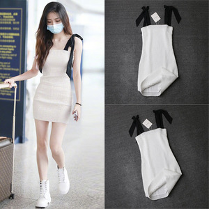 徐璐明星同款衣服白色系带蝴蝶结吊带连衣裙包臀修身短裙子女夏款