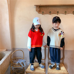 姐弟装2021秋季新品韩版儿童卡通毛线马甲上衣兄妹装洋气刺绣背心