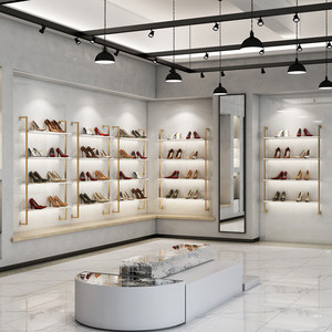 鞋店展示架女装店铺上墙展示架多层金色鞋架包包店橱窗置物架货架