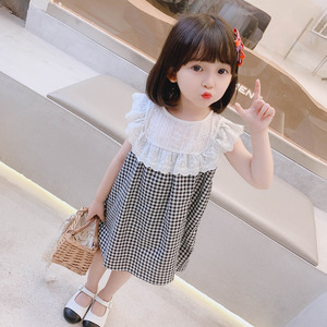 女小童花边格子无袖连衣裙2024夏季新款小女孩洋气娃娃领韩公主裙