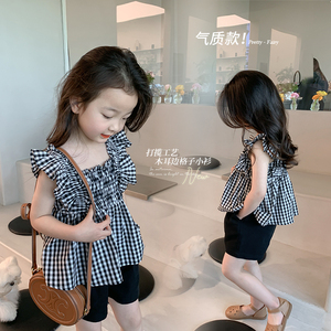 女小童韩版衬衫洋气无袖套装2024夏季新款黑白格子上衣打揽两件套