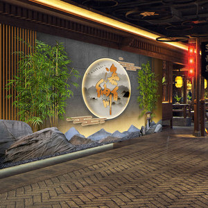 3d中国风古典建筑徽派墙纸轻奢山水背景墙装饰火锅店餐厅茶室壁纸