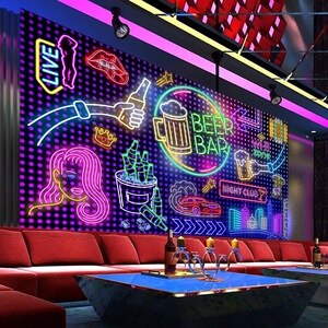 3d工业风装修酒吧霓虹灯墙纸啤酒屋餐厅背景墙装饰烤肉烧烤店壁纸