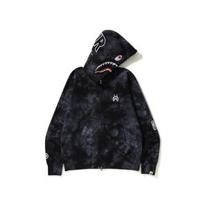全球购bape男士扎染鲨鱼黑色全拉链宽松连帽开衫外套hoodie black
