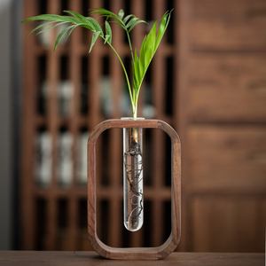 黑胡桃木玻璃试管花瓶实木水培植物容器日式小花插桌面创意小摆件