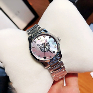 gucci古驰手表猫头少女粉珍珠贝母表盘钢带石英女士腕表ya1265013