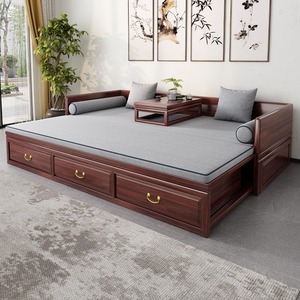 新中式乌金木仿古全实木罗汉床推拉伸缩折叠抽拉床带抽屉沙发床榻