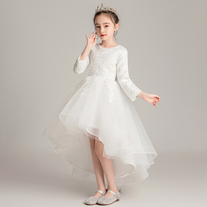 小女孩白纱公主裙花童蓬蓬纱儿童婚纱裙女童长袖晚礼服演出服秋冬