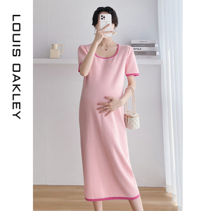法国LOUIS OAKLEY法式孕妇装夏装粉色洋气针织修身连衣裙小个子女