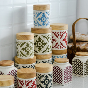 家用防潮茶叶罐带木盖陶瓷储物罐创意厨房杂粮收纳罐咖啡豆密封罐