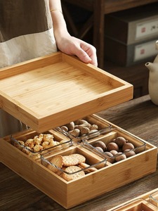 日式竹木干果盘客厅酒店零食糖果盘过年货家用糖果分格实木坚果盒