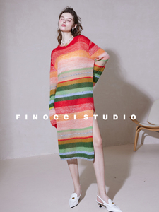 FINOCCI南非进口马海毛彩虹撞色条纹显白时髦开叉宽松毛织连衣裙