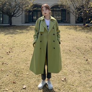 牛油果绿风衣女中长款小个子2022年春秋新款韩版宽松流行过膝外套