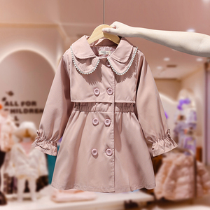 女童外套洋气时髦韩版中长款风衣2024春秋款新款珍珠领公主风大衣